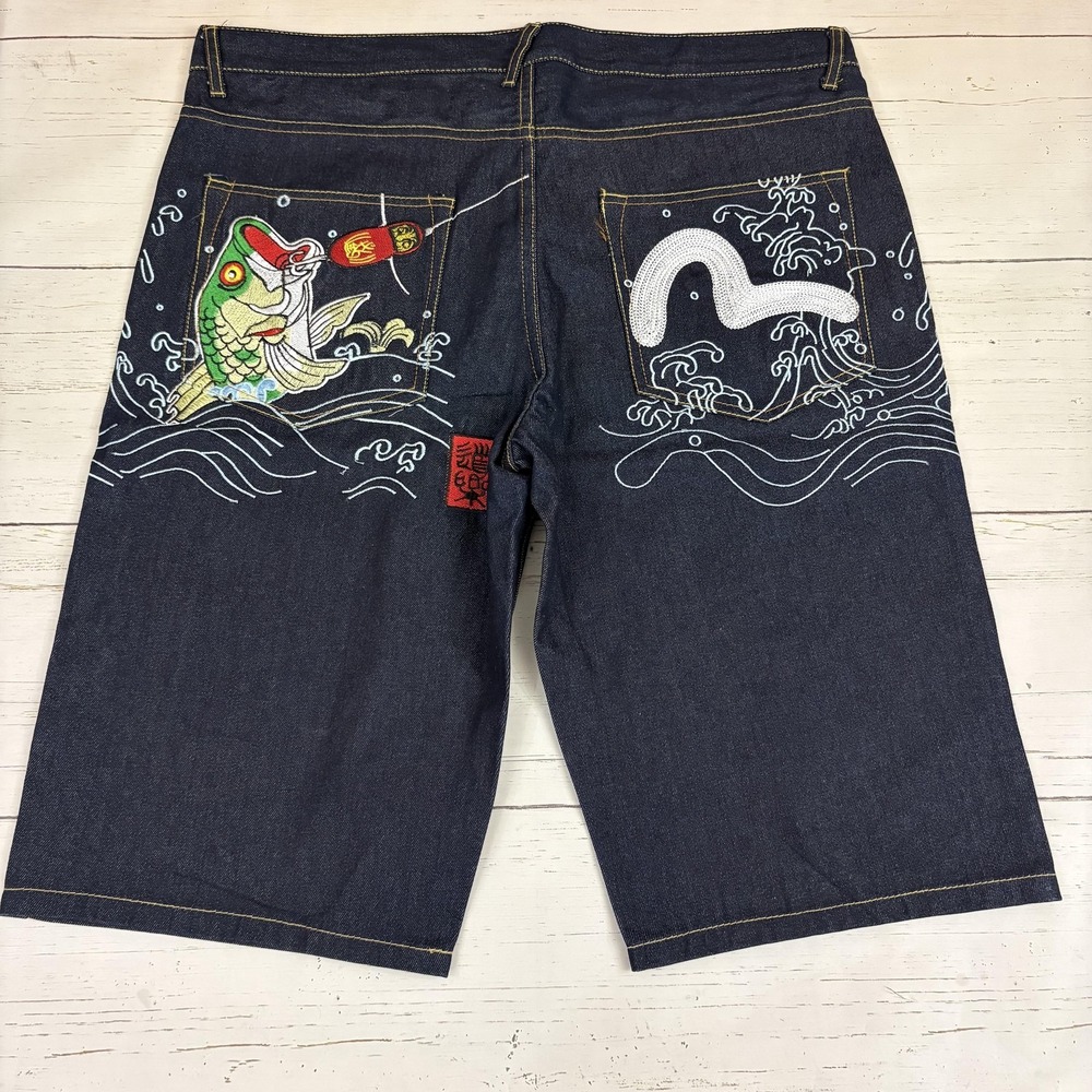 EVISU Embroidered Jeans Shorts Mens 42 Koi Fish Bass Wave Back Pockets